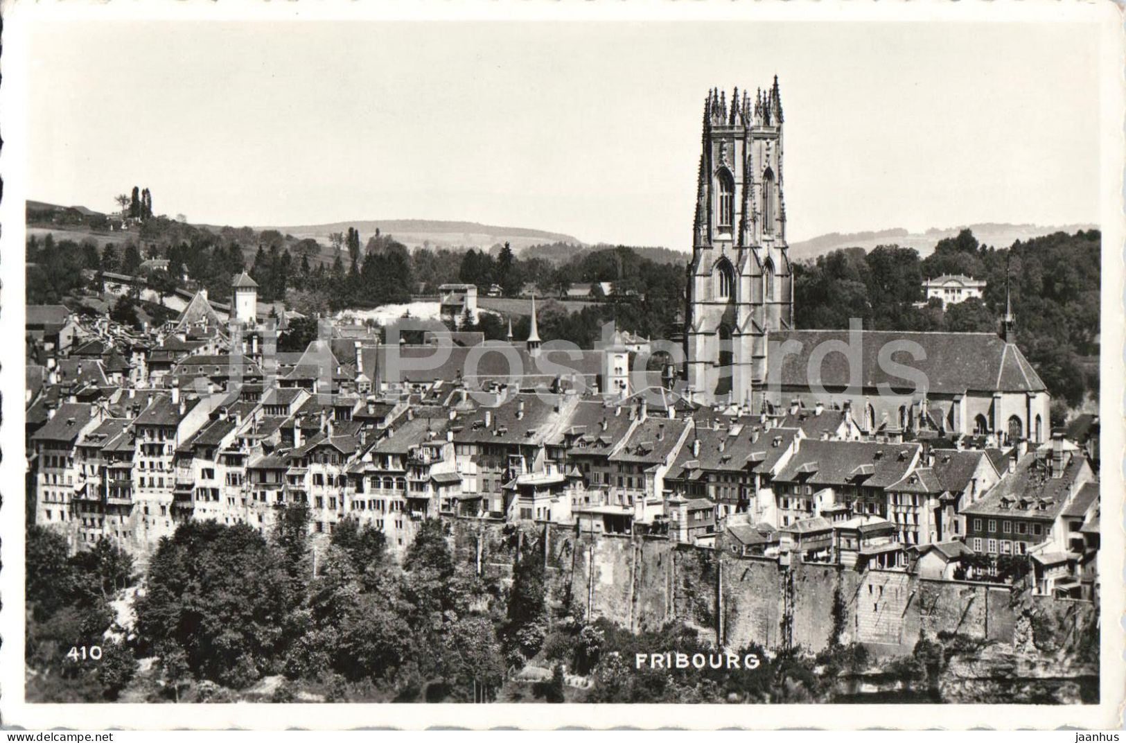 Fribourg - Focolari 1960 seal old town cathedral gothic tower city panorama - 410 - old postcard - Switzerland - unused - JH Postcards