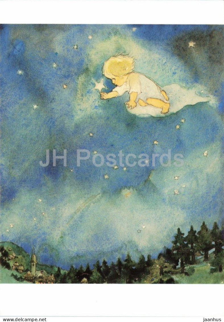 watercolor by Mili Weber - Starry Night - Sternennacht - Swiss art - 1990s - Switzerland - unused - JH Postcards