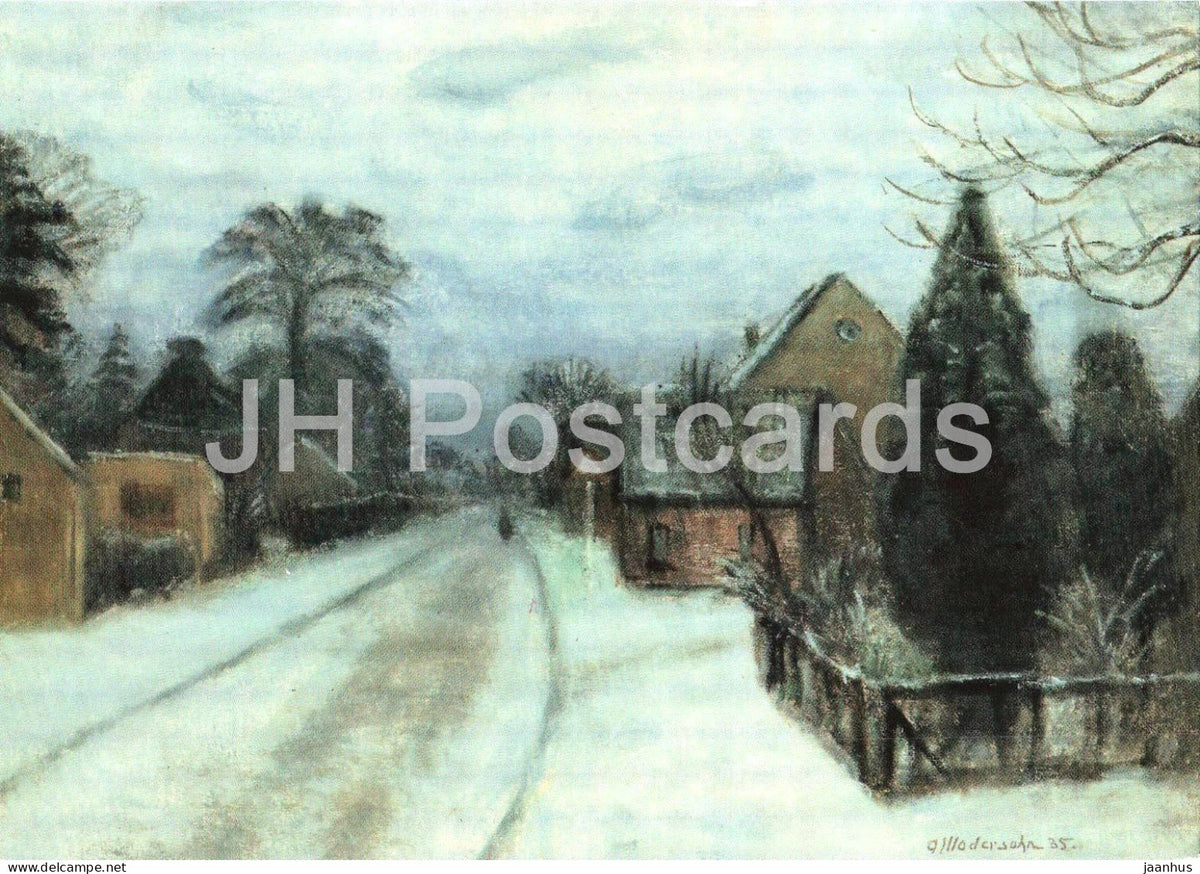 painting by Otto Modersohn - Village Street in Winter - Fischerhuder Dorfstrasse im Winter - German art Germany - unused - JH Postcards