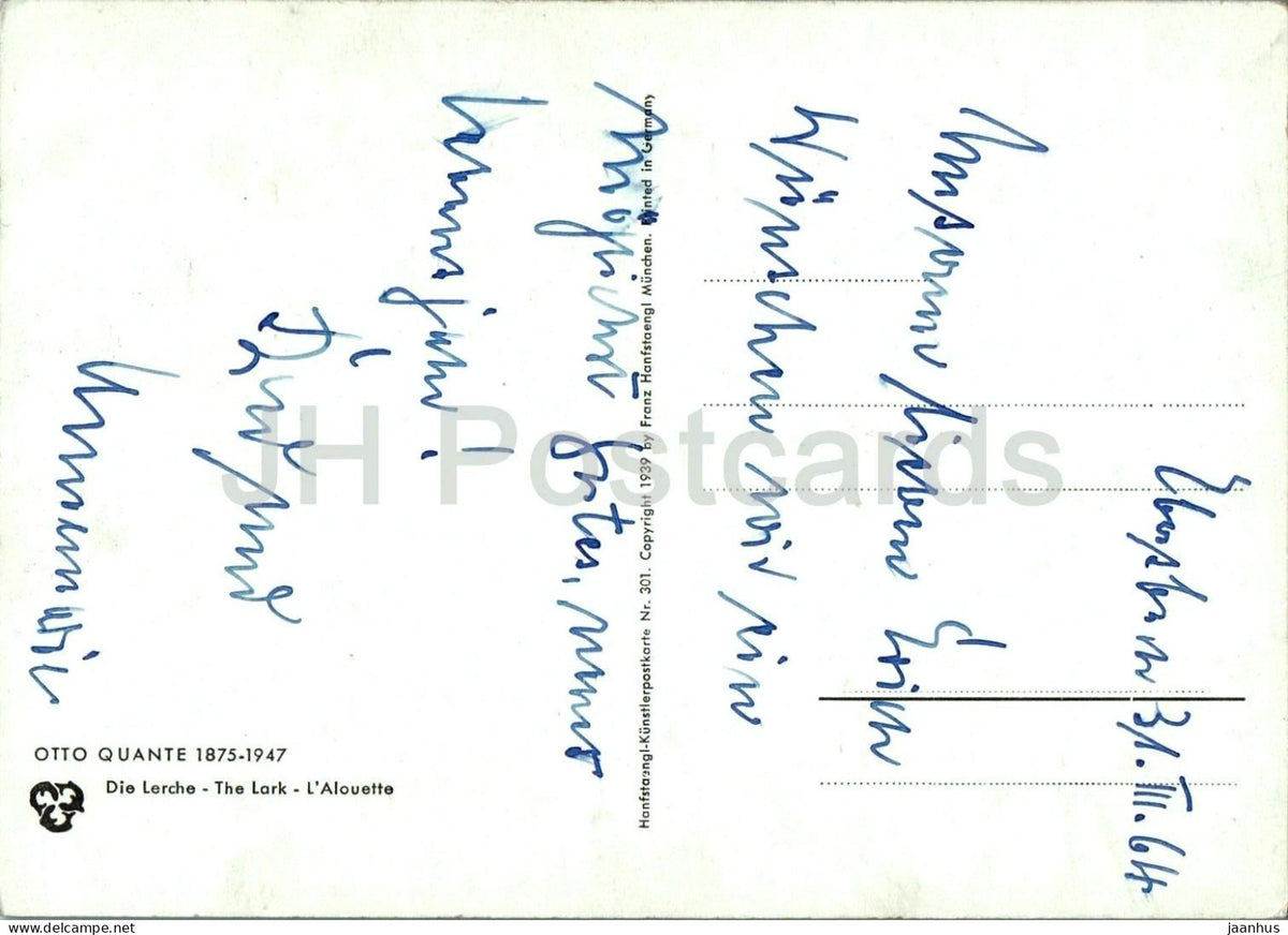 painting by Otto Quante - The Lark - Die Lerche - German art - old postcard - 1939 - Germany - used