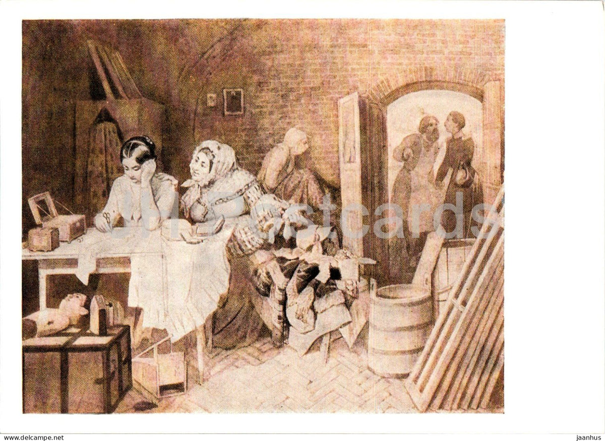 drawing by Pavel Fedotov - A Poor Girls Beauty is Her Misfortune - Russian art old postcard 1958 - Russia USSR - unused - JH Postcards