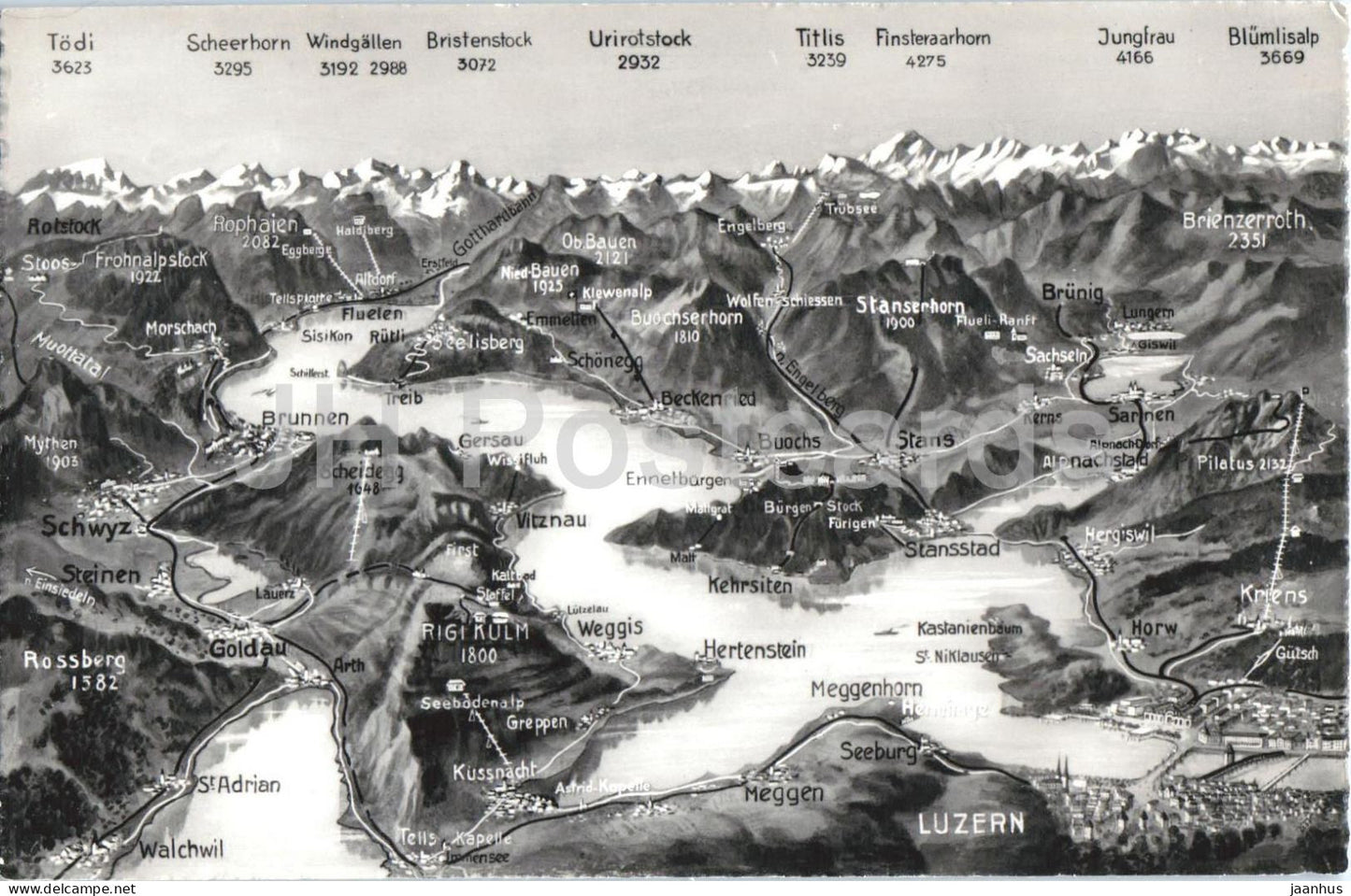 Panorama Vierwaldstattersee Luzern Schwyz Stans Brunnen Rigi - map - 750 - old postcard - Switzerland - unused - JH Postcards