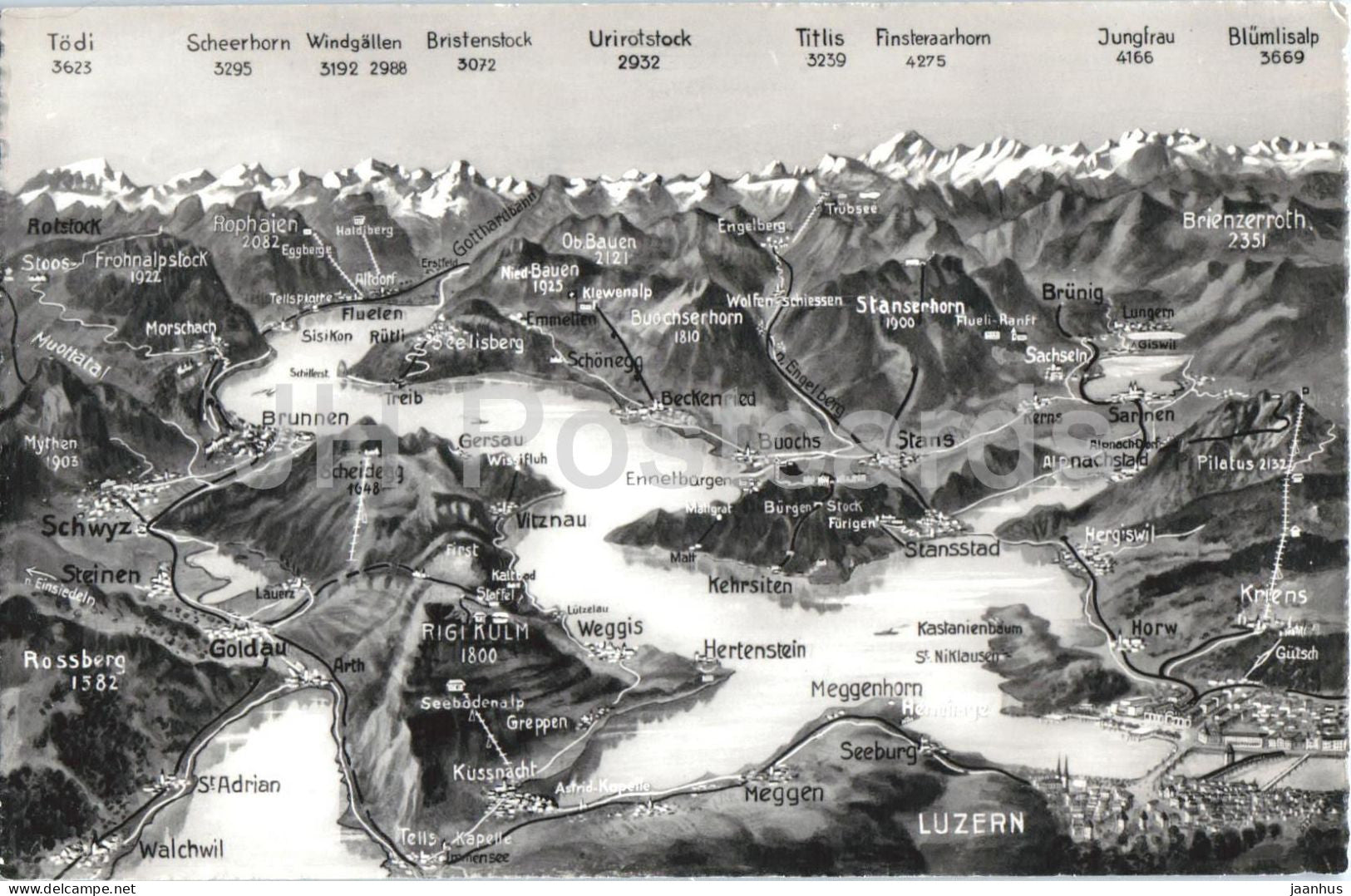 Panorama Vierwaldstattersee Luzern Schwyz Stans Brunnen Rigi - map - 750 - old postcard - Switzerland - unused - JH Postcards