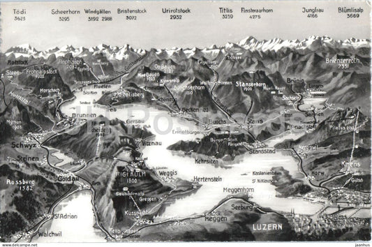 Panorama Vierwaldstattersee Luzern Schwyz Stans Brunnen Rigi - map - 750 - old postcard - Switzerland - unused - JH Postcards