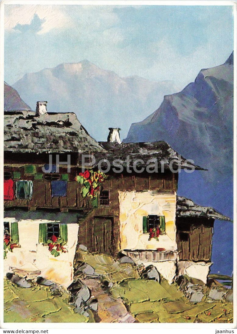 painting by J. Hecker - Mountain Farmhouse - Bergbauernhaus - German art - 1970 - Germany - used - JH Postcards