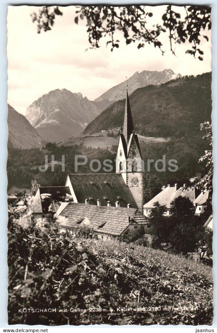 Kotschach mit Cellon 2238 m u Kellerwand 2780 m - church - Alps - mountains 81730 - old postcard - Austria - unused - JH Postcards