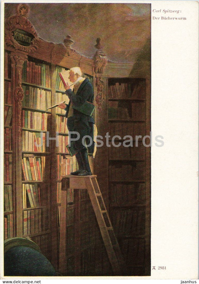 painting by Carl Spitzweg - The Bookworm - Der Bucherwurm - German art - Nr. 2981 - Germany - unused - JH Postcards