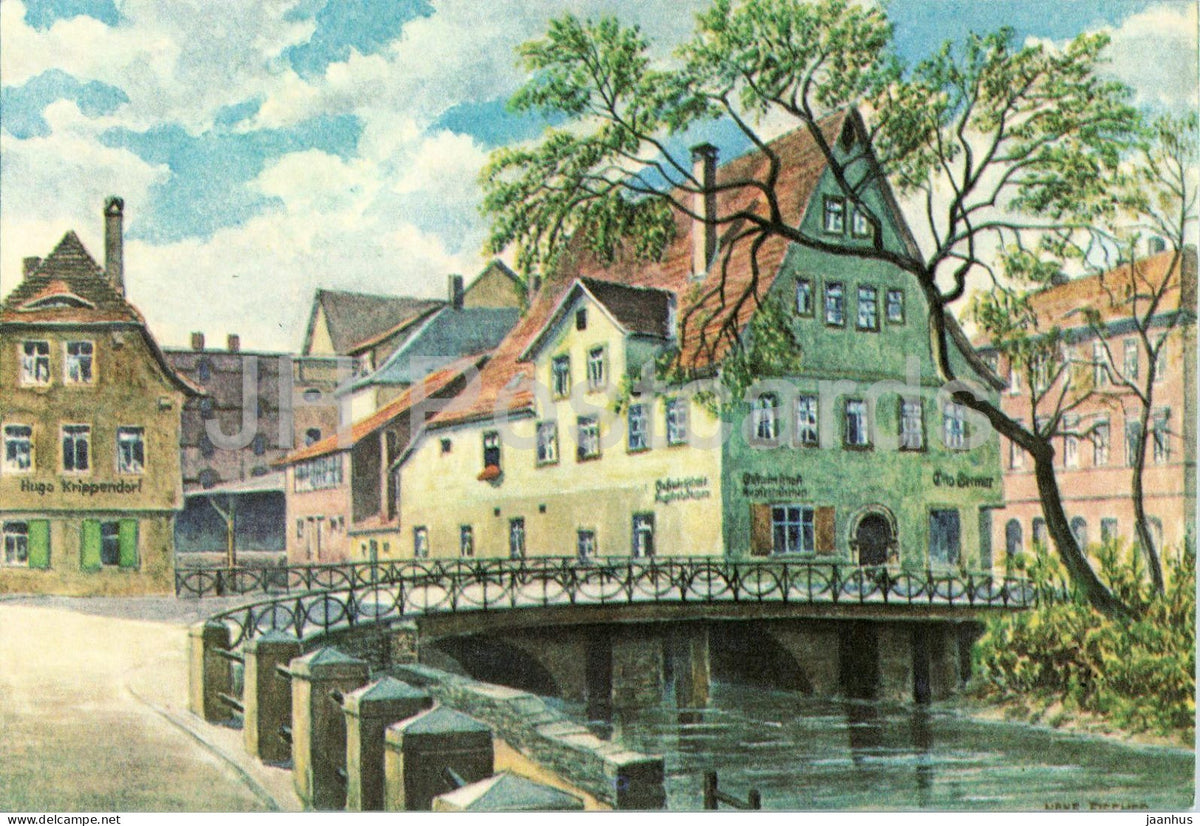 watercolor by Hans Fischer - Lachenbrucke und Kupferhutchen - Jena - German art - Germany - unused - JH Postcards
