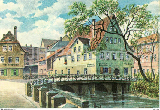 watercolor by Hans Fischer - Lachenbrucke und Kupferhutchen - Jena - German art - Germany - unused - JH Postcards