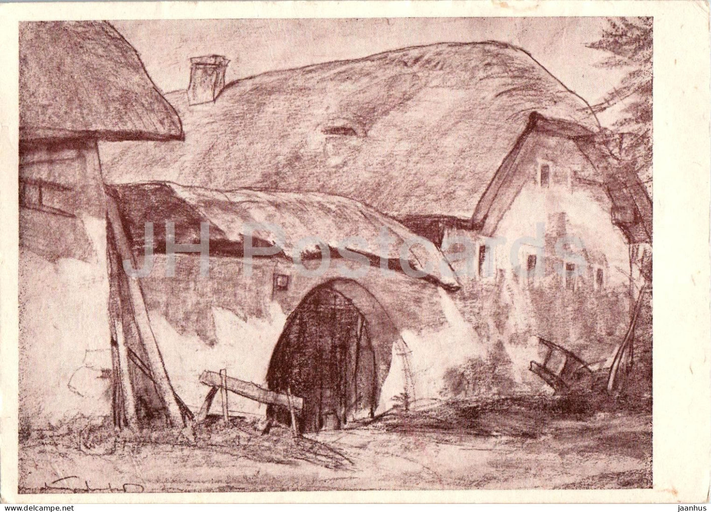 Muhlviertler Bauernhof - Albrecht Dunzendorfer - Hellmonsodt - drawing - old postcard - Austria - unused - JH Postcards