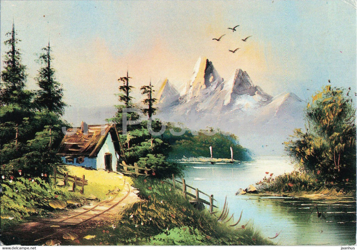painting - mountain lake with cottage - landscape - 94-25 - Turkey - unused - JH Postcards