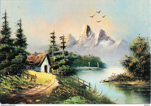 painting - mountain lake with cottage - landscape - 94-25 - Turkey - unused - JH Postcards