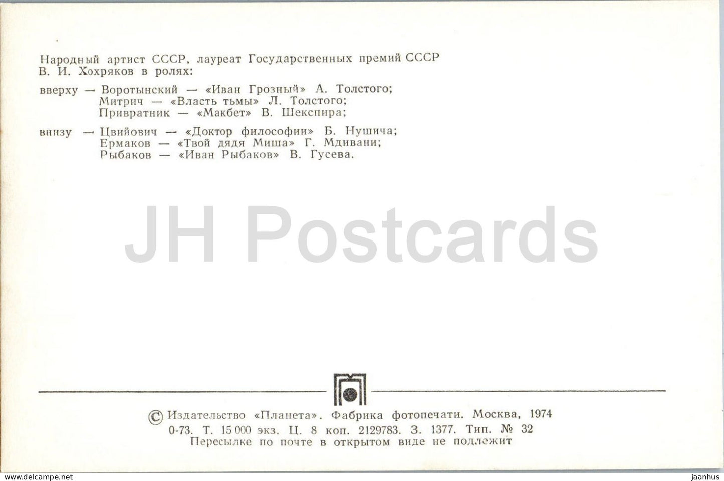 Viktor Khokhryakov - Russian actor in stage roles - Maly Theatre - 1974 - Russia - USSR - unused