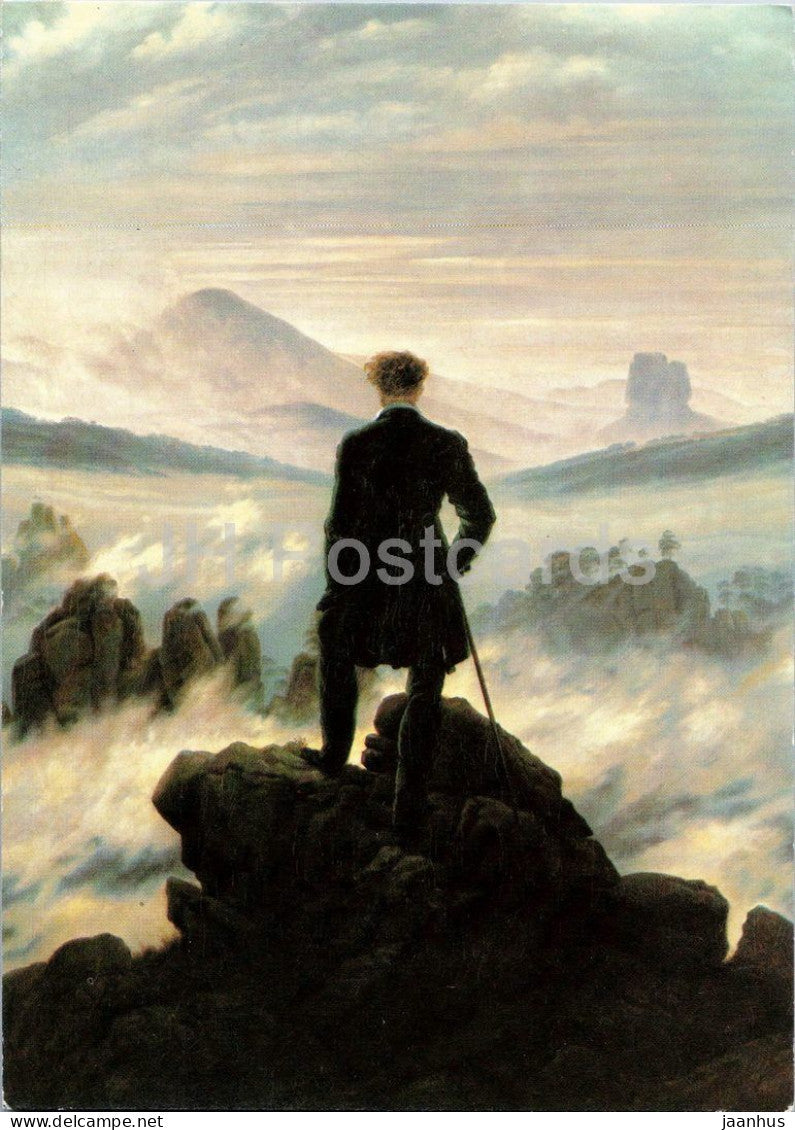 painting by Caspar David Friedrich - Wanderer uber dem Nebelmeer - fog - mountains - German art - Germany - unused - JH Postcards