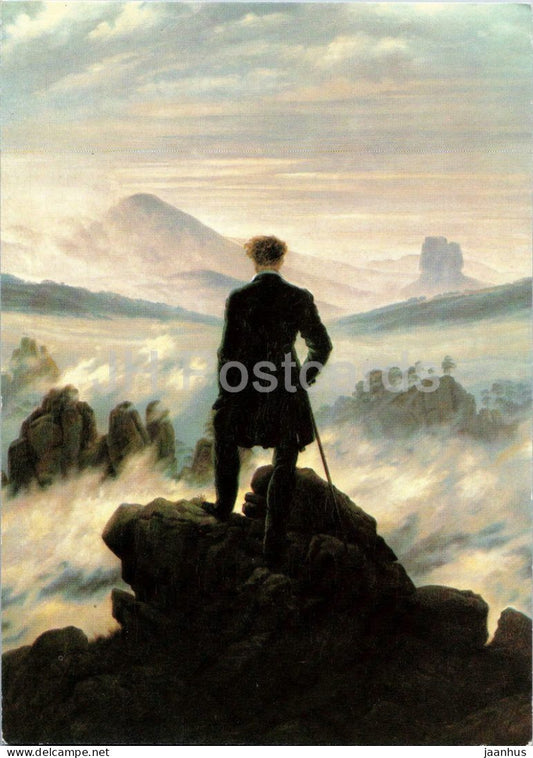 painting by Caspar David Friedrich - Wanderer uber dem Nebelmeer - fog - mountains - German art - Germany - unused - JH Postcards