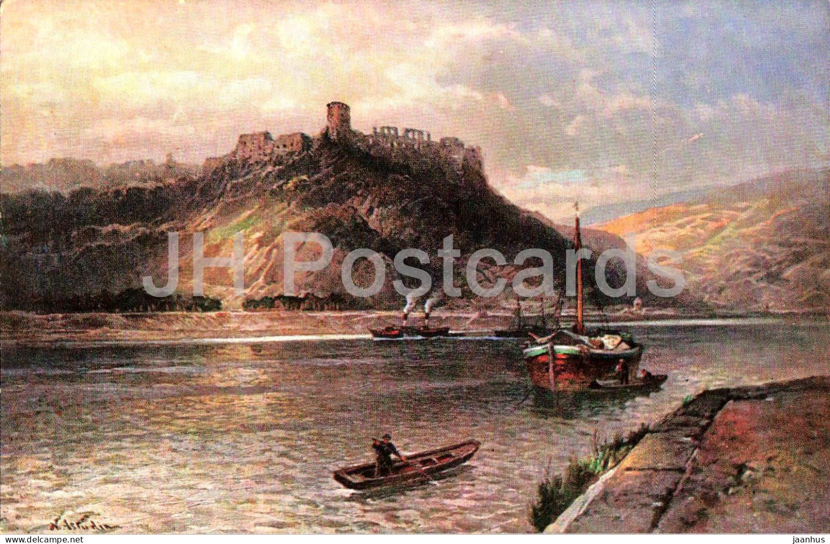 Der Rheinfels - castle ruins - Rhine river - boat - illustration - No. 119 - old postcard - Germany - unused - JH Postcards