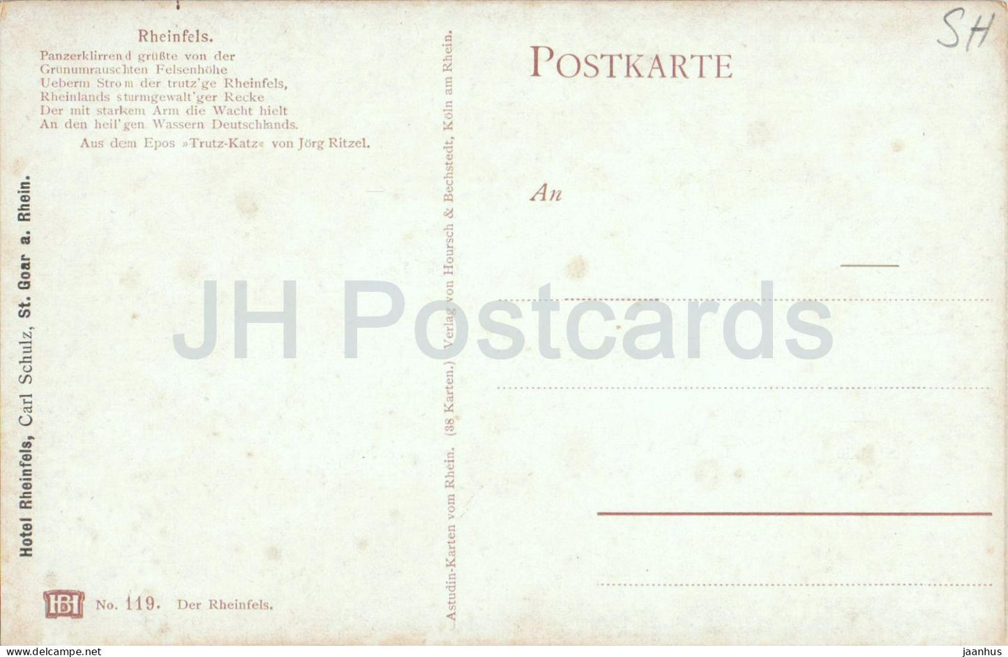 Der Rheinfels - castle ruins - Rhine river - boat - illustration - No. 119 - old postcard - Germany - unused