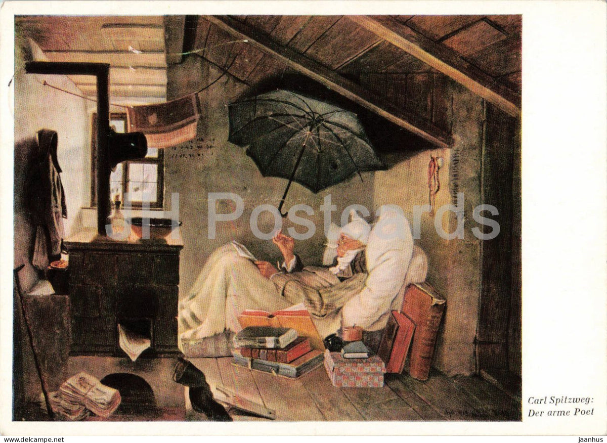 painting by Carl Spitzweg - The Poor Poet - Der arme Poet - German art - 1960s - Germany - used - JH Postcards