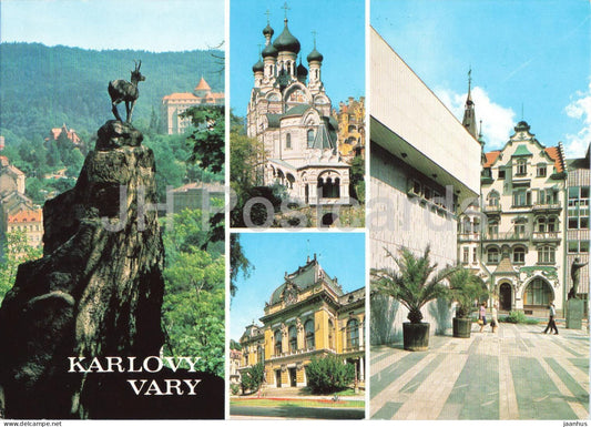 Karlovy Vary - statue - Orthodox church - Spa I - Gagarin colonnade multiview - Czech Republic - Czechoslovakia - unused - JH Postcards