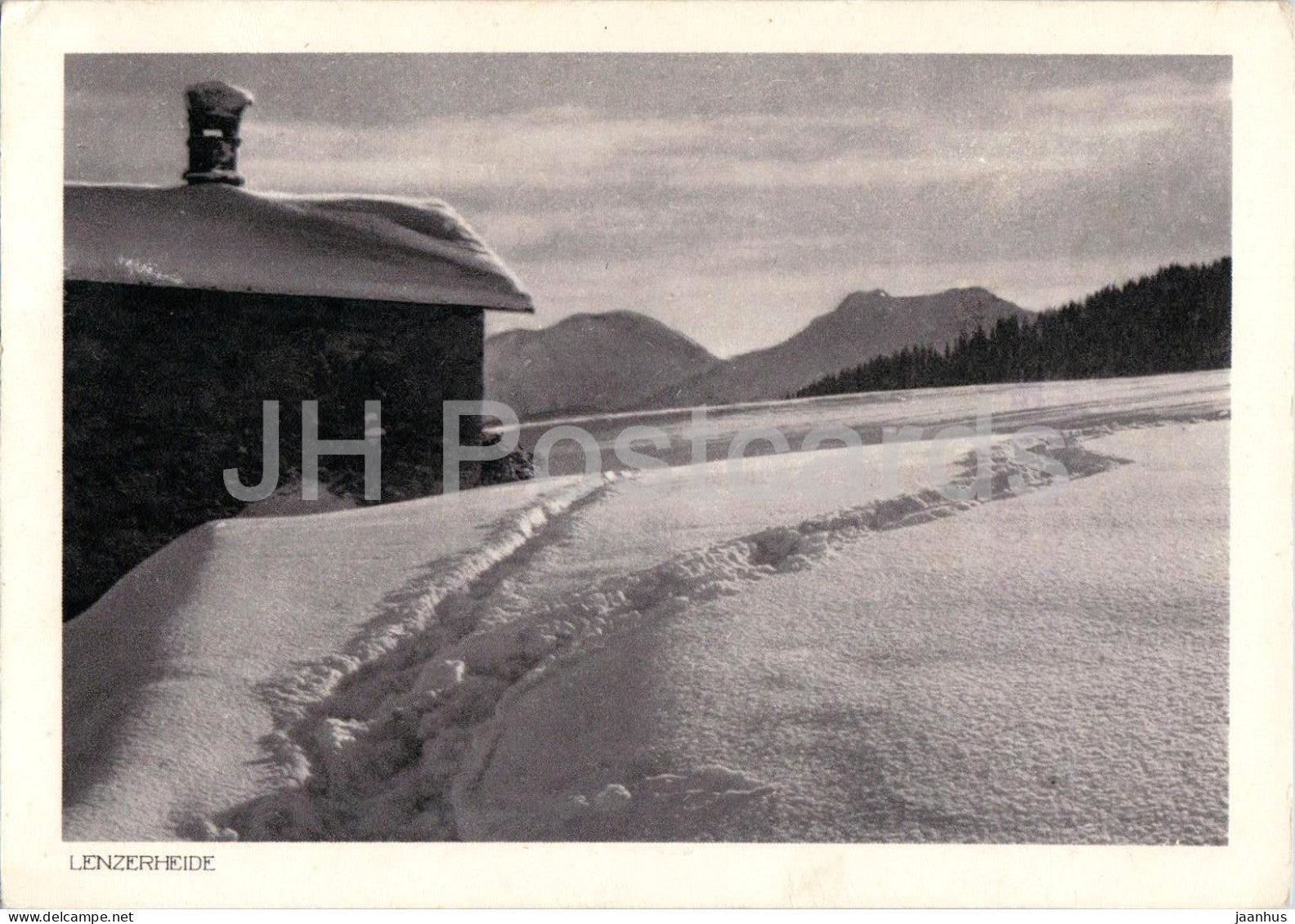 Lenzerheide - Winterlandschaft - Hutte und Bergpanorama - Heimatbilder - hut - old postcard - 1936 - Switzerland - used - JH Postcards