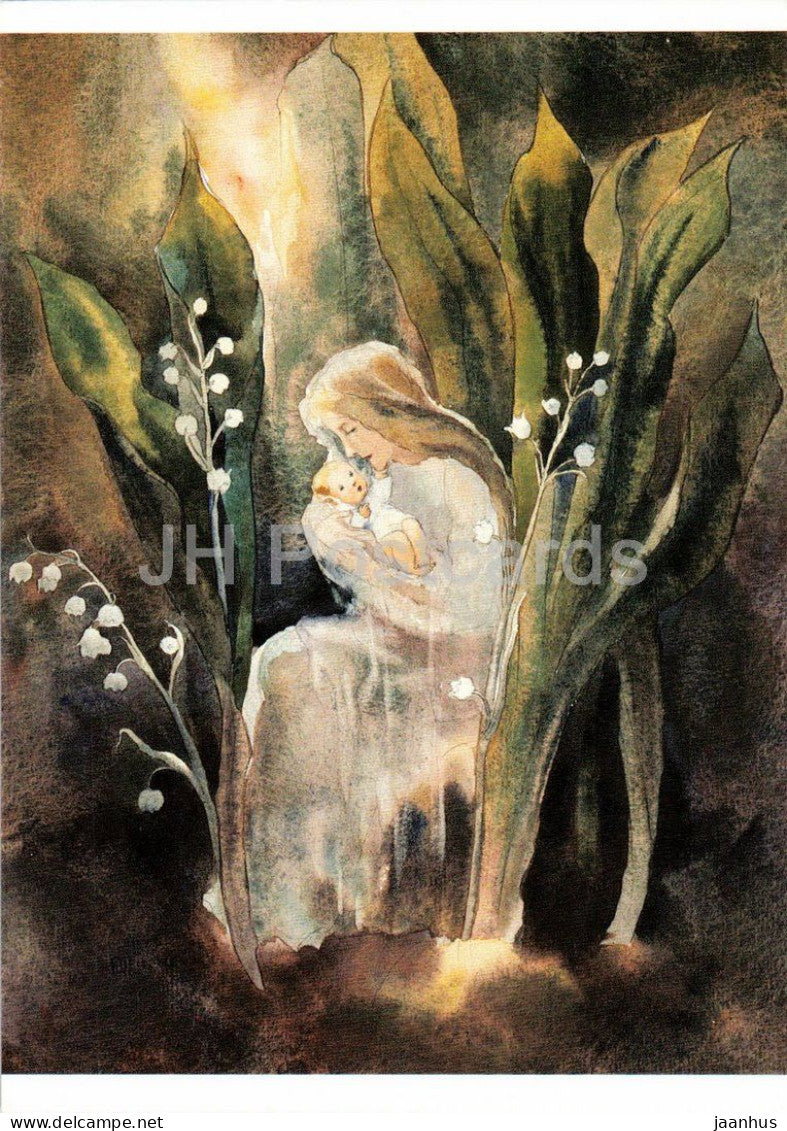 watercolor by Mili Weber - Lily of the Valley embraces Mother and Child - Swiss art - 1992 - Switzerland - unused - JH Postcards