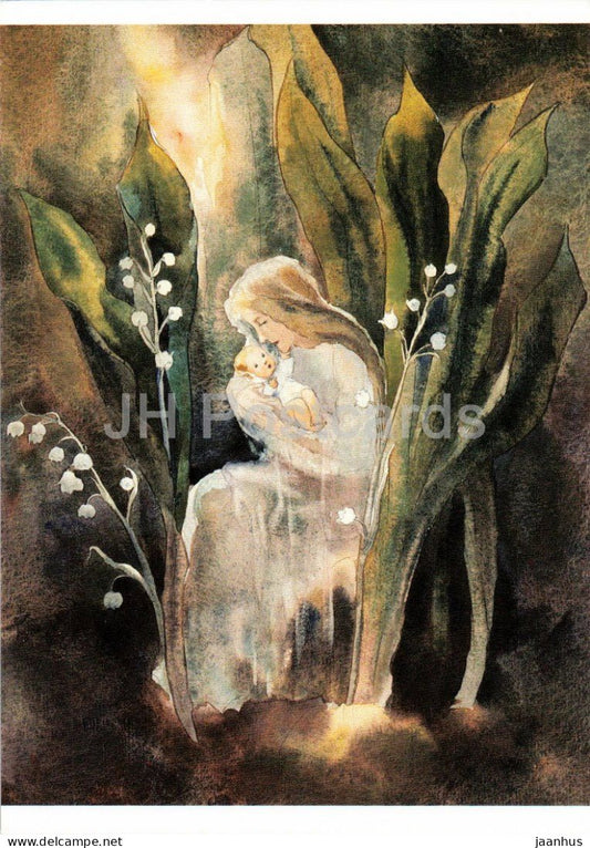 watercolor by Mili Weber - Lily of the Valley embraces Mother and Child - Swiss art - 1992 - Switzerland - unused - JH Postcards