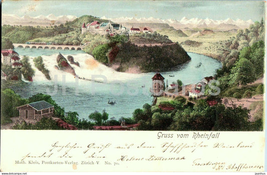 Gruss vom Rheinfall - waterfall - castle - panorama - No. 70 - old postcard - 1904 - Switzerland - used - JH Postcards
