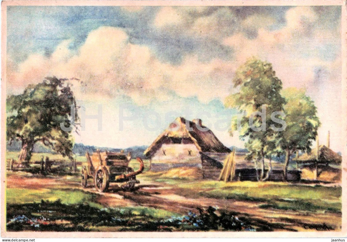 painting - rural landscape with thatched farmhouse and hay cart - old postcard - art - 1947 - Germany - used - JH Postcards