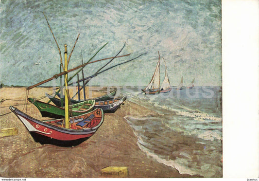 painting by Vincent van Gogh - Boats on the Beach at Saintes-Maries - boat - Dutch art - 413 - Netherlands - unused - JH Postcards