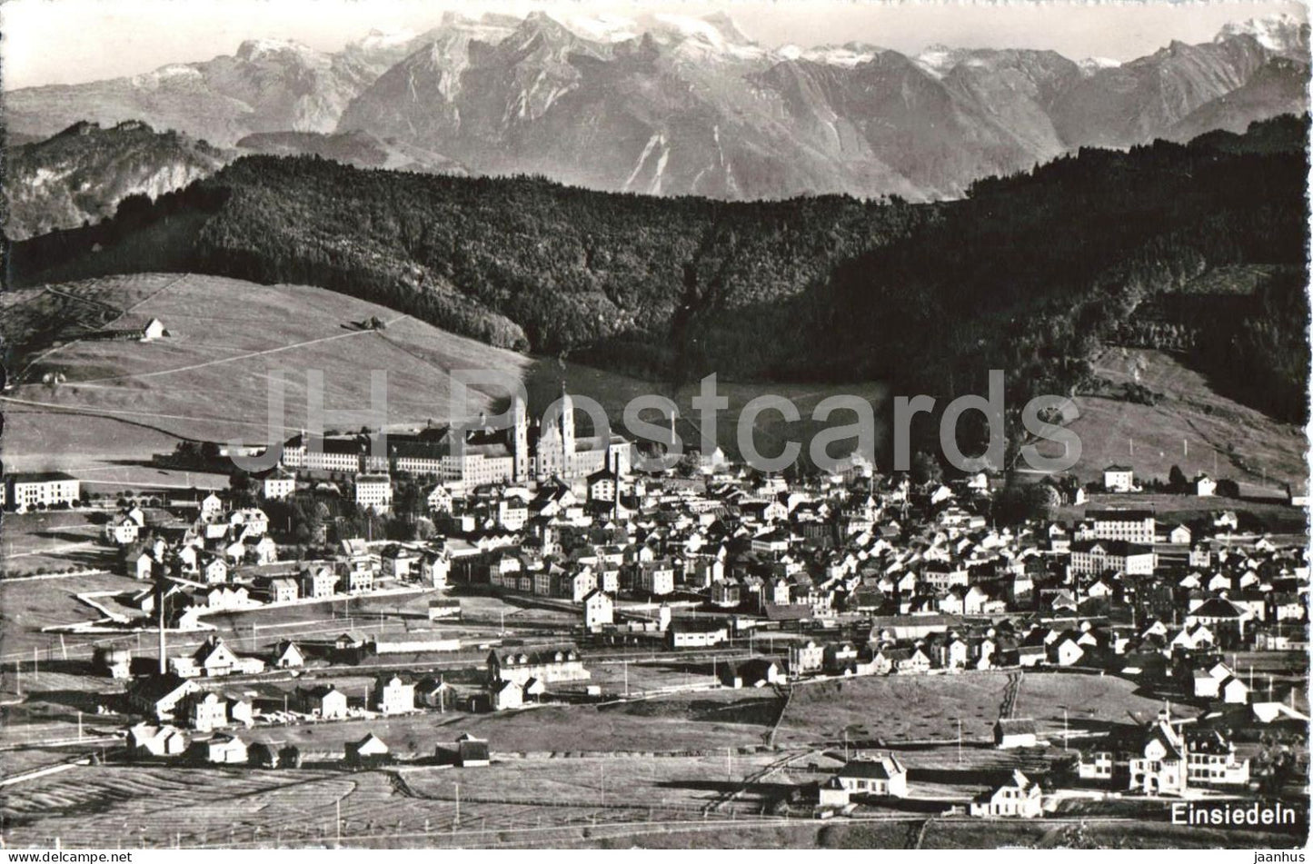 Einsiedeln - town - alpine valley - Alps - mountains - old postcard - Switzerland - used - JH Postcards