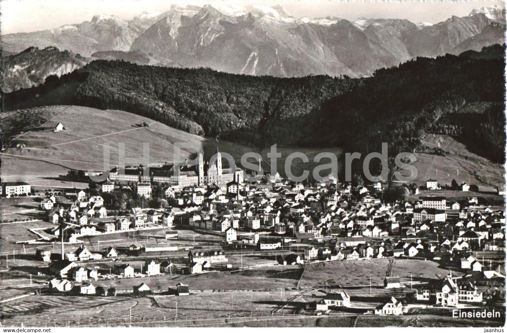 Einsiedeln - town - alpine valley - Alps - mountains - old postcard - Switzerland - used - JH Postcards