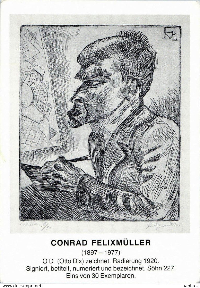 engraving by Conrad Felixmuller - Otto Dix Drawing - O D (Otto Dix) zeichnet - German art - 1980s - Germany - unused - JH Postcards