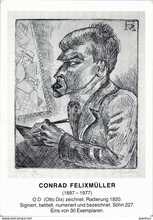 engraving by Conrad Felixmuller - Otto Dix Drawing - O D (Otto Dix) zeichnet - German art - 1980s - Germany - unused - JH Postcards