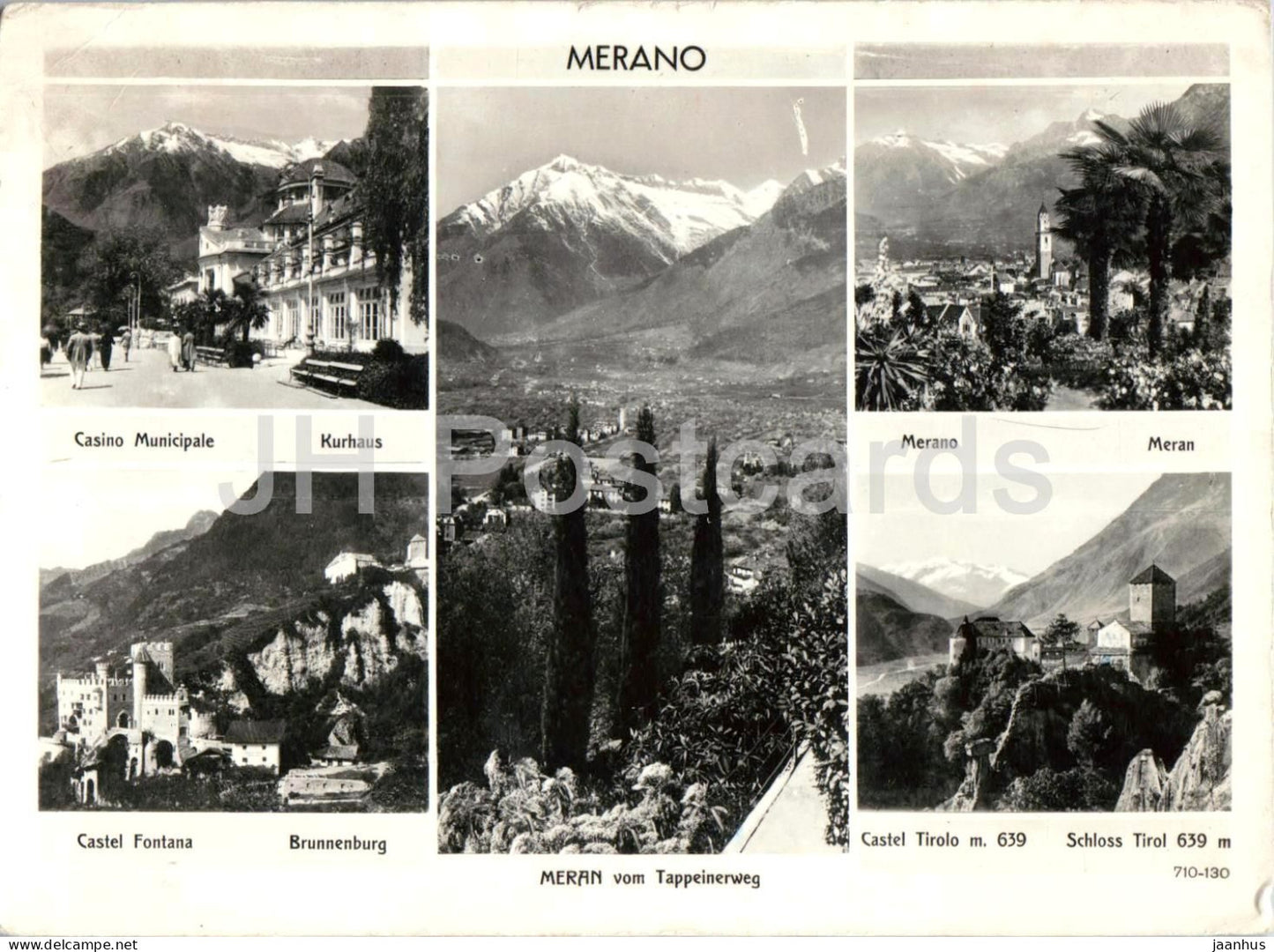 Meran vom Tappeinerweg - Merano - casino - castel Fontana - castel Tirolo - multiview - 710-130 - 1962 - Italy - used - JH Postcards