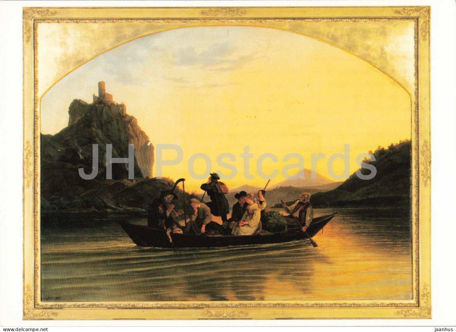 painting by Ludwig Richter - Uberfahrt - Crossing the Elbe at Schreckenstein - boat - German art - Germany - unused - JH Postcards