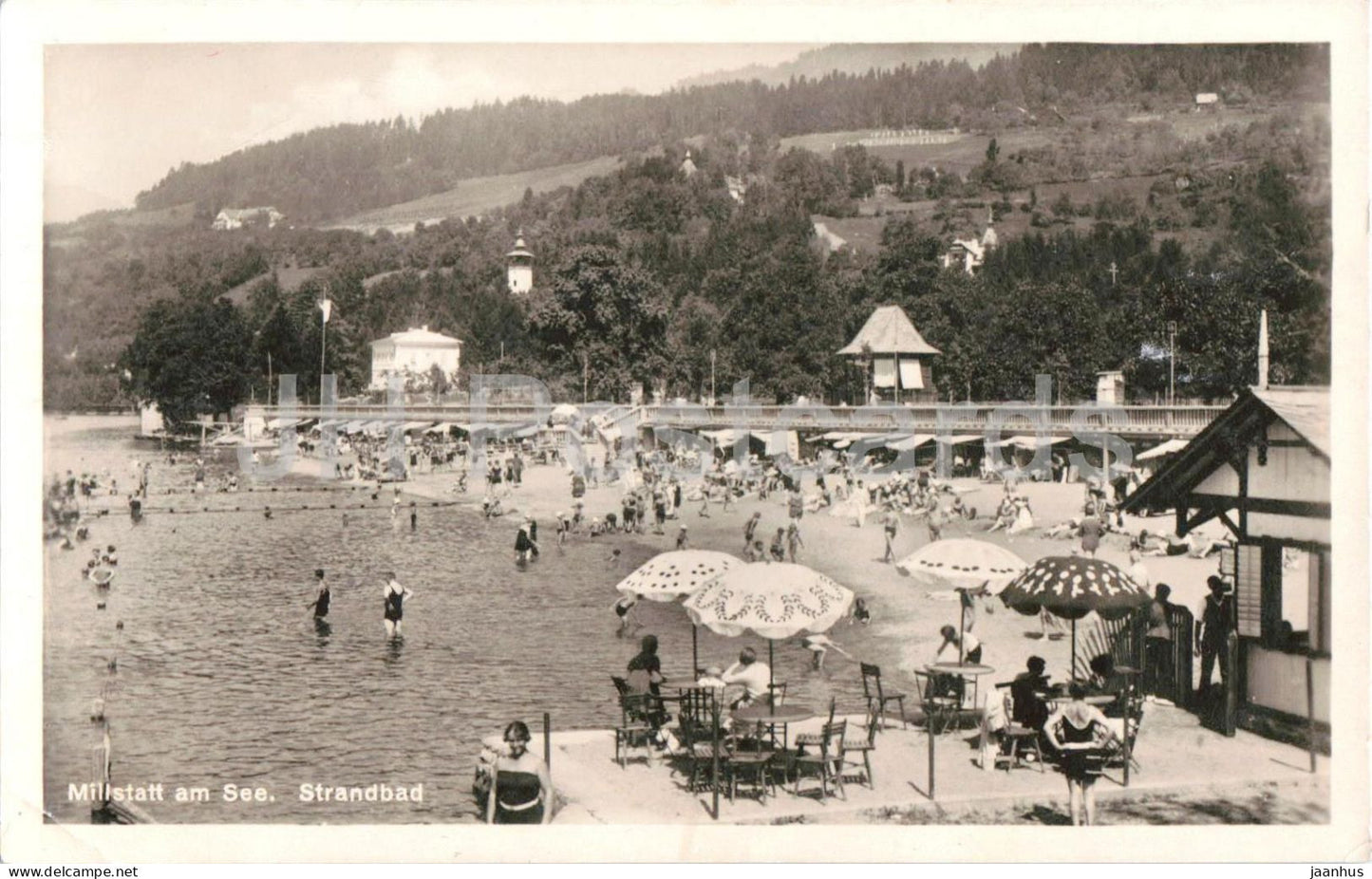Millstatt am See - Strandbad - beach - bathers - umbrellas - leisure - 633/112 - old postcard - 1927 - Austria  used - JH Postcards