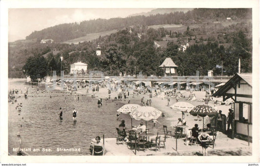 Millstatt am See - Strandbad - beach - bathers - umbrellas - leisure - 633/112 - old postcard - 1927 - Austria  used - JH Postcards