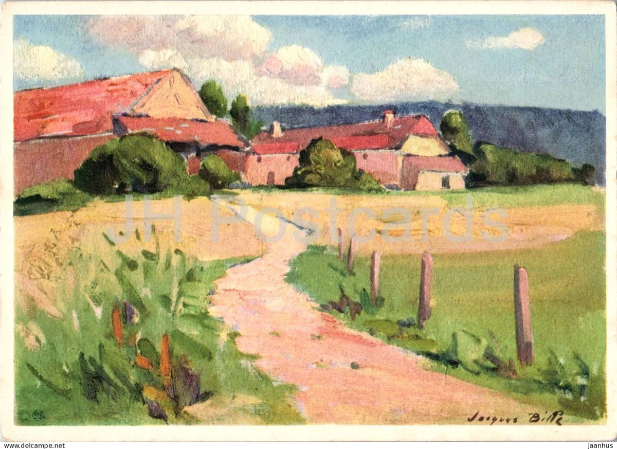 painting by Jacques Bille - farm buildings and country road - old postcard - 2339 - 1940s - Switzerland - unused - JH Postcards