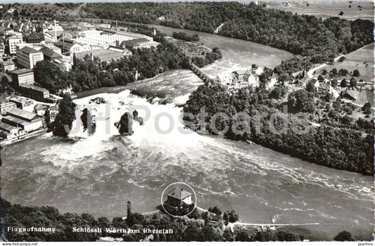 Hotel Rest. Schlossli Worth am Rheinfall Neuhausen - aerial view waterfall - old postcard - 1953 - Switzerland - used - JH Postcards