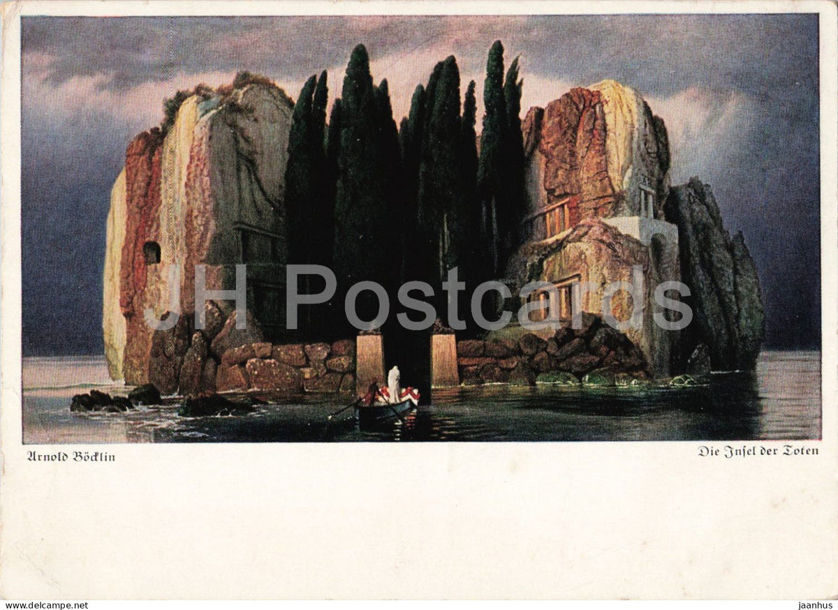 painting by Arnold Bocklin - Isle of the Dead - Die Insel der Toten - boat - old postcard - 1930s - Germany - unused - JH Postcards