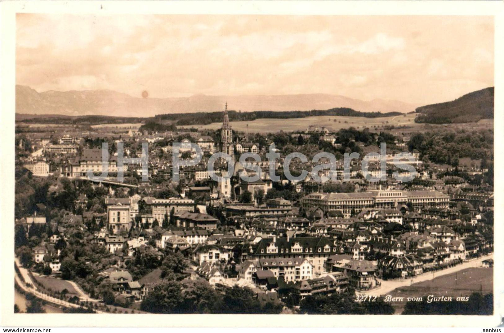 Bern vom Gurten aus - city view - panorama - cathedral - 32712 - old postcard - 1925 - Switzerland - used - JH Postcards