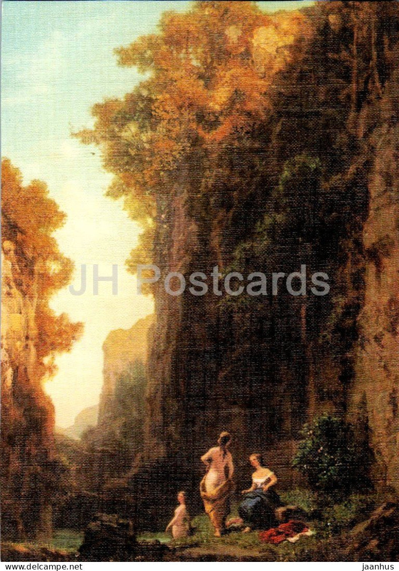 painting by Carl Spitzweg - Landscape with Bathers - Landschaft mit Badenden - German art - Germany - unused - JH Postcards