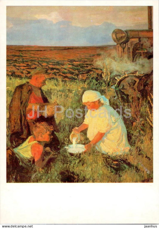 painting by A. Plastov - Tractor Drivers Dinner - car - Russian art - 1985 - Russia USSR - unused - JH Postcards