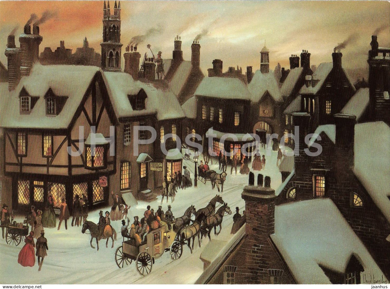 painting by Lloyd Garrison - Four-in-hand - horse carriage - winter street scene - 1989 - Sweden - used - JH Postcards