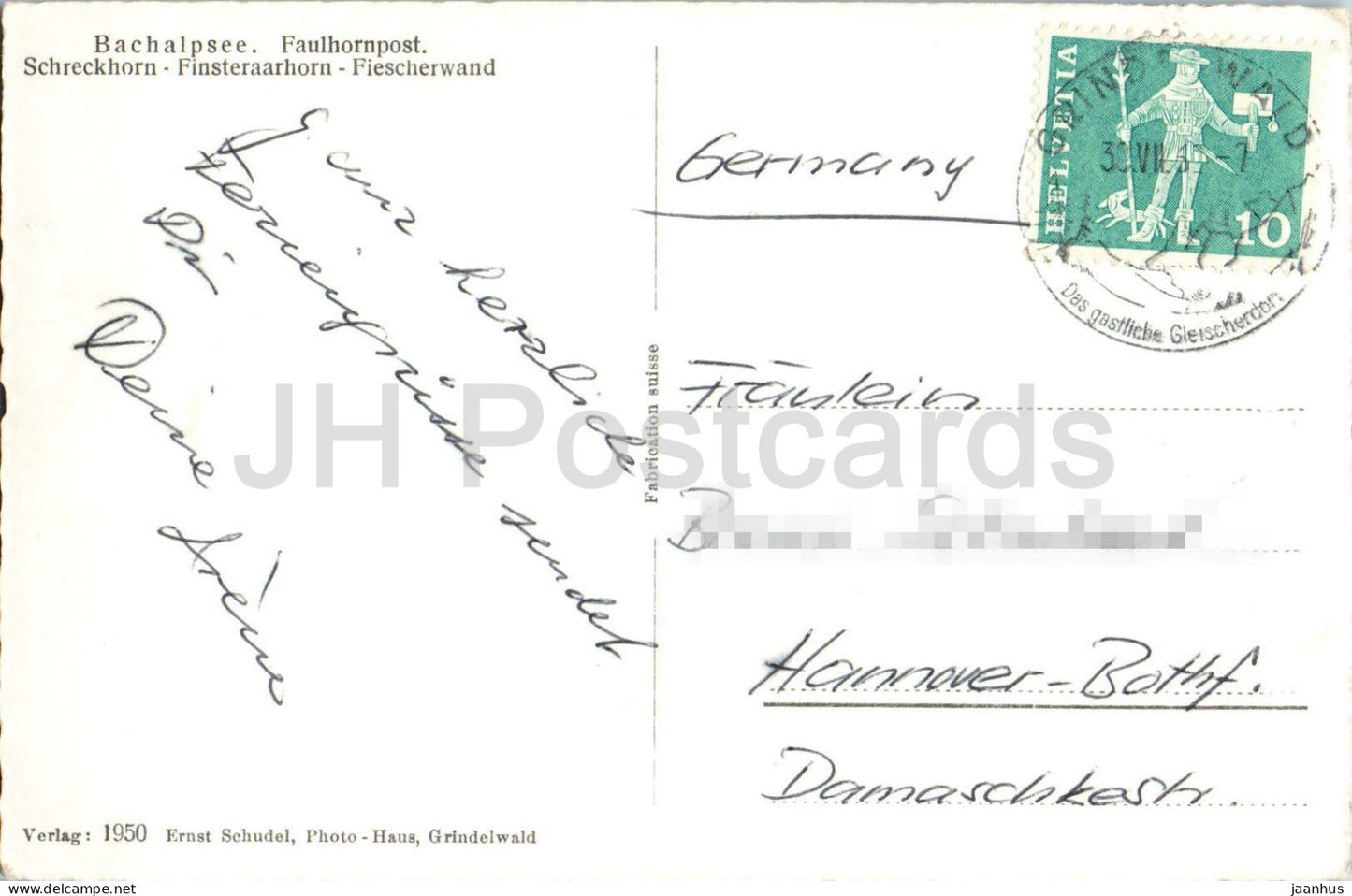 Bachalpsee Faulhornpost Schreckhorn - Finsteraarhorn - Fiescherwand - Pferd - Tiere - 8414 - 1962 - Schweiz - gebraucht