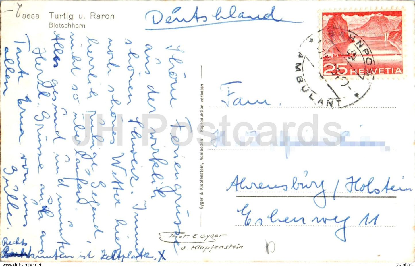 Turtig u Raron Bletschhorn - alpines Tal - Alpen - Berge - 8688 - alte Postkarte - 1954 - Schweiz - gebraucht