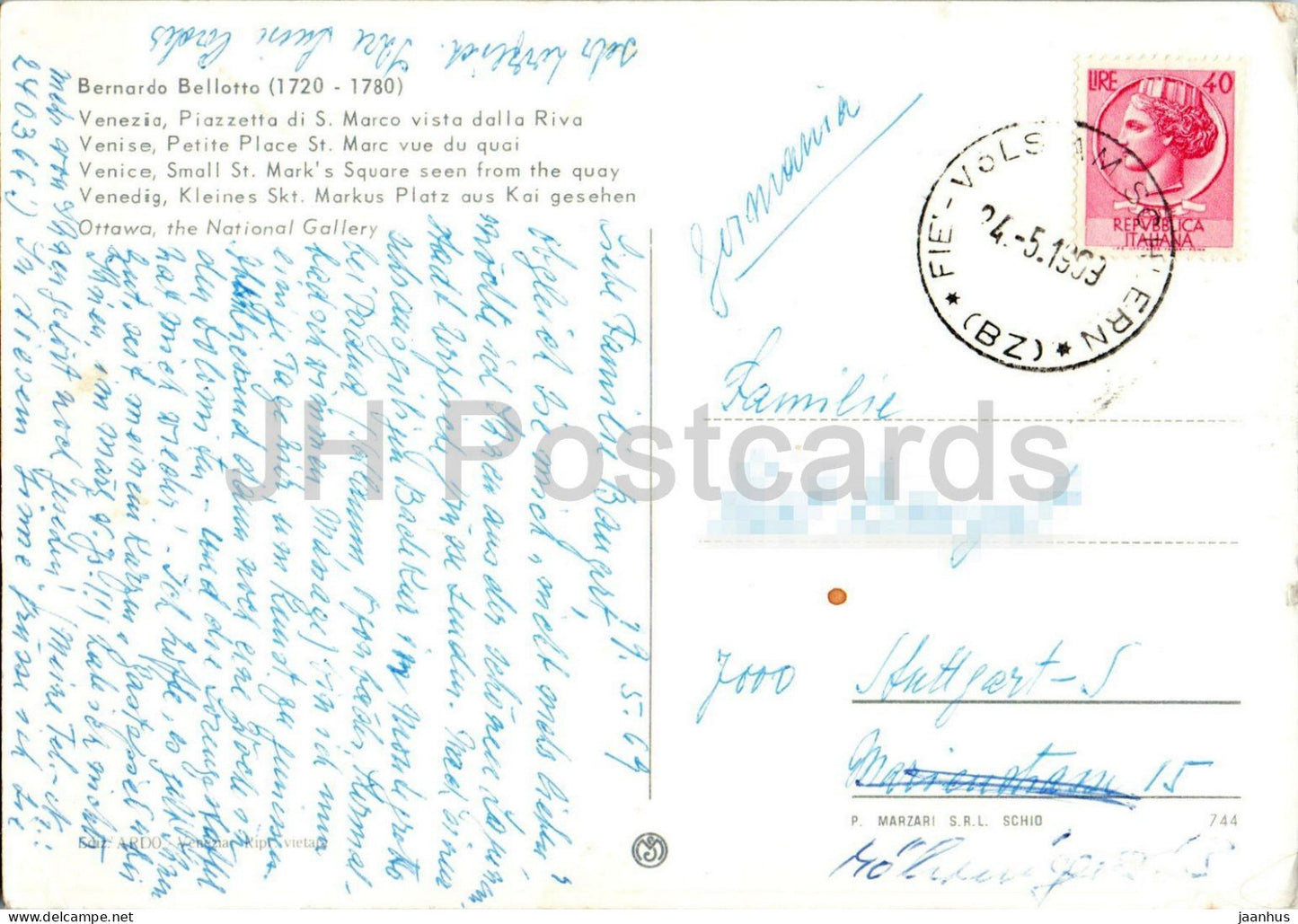 Venezia - Venice - painting by Bernardo Bellotto - Piazzetta of St Mark seen from the quay - 744 - 1969 - Italy - used