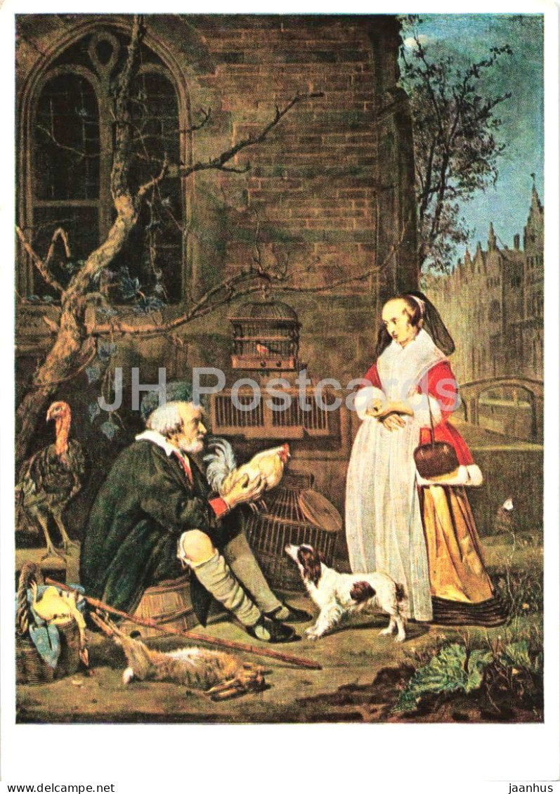 painting by Gabriel Metsu - The Poultry Seller - Der Geflugelverkaufer - dog - Dutch art - 1965 - Germany DDR - unused - JH Postcards