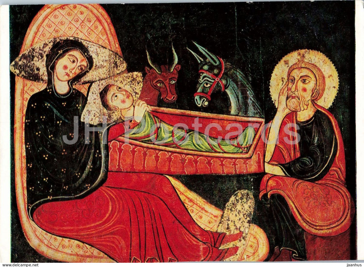medieval painting - Birth of Jesus - Geburt Jesu - donkey - Catalan art - 1966 - Germany - used - JH Postcards