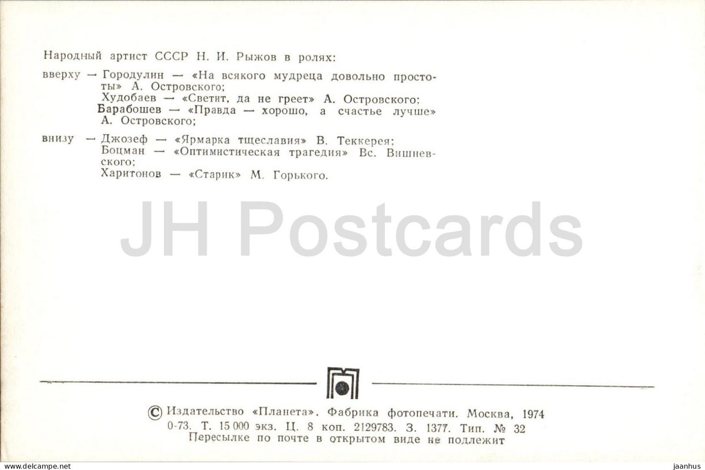 Nikolai Ryzhov - Russian actor in stage roles - Maly Theatre - 1974 - Russia - USSR - unused